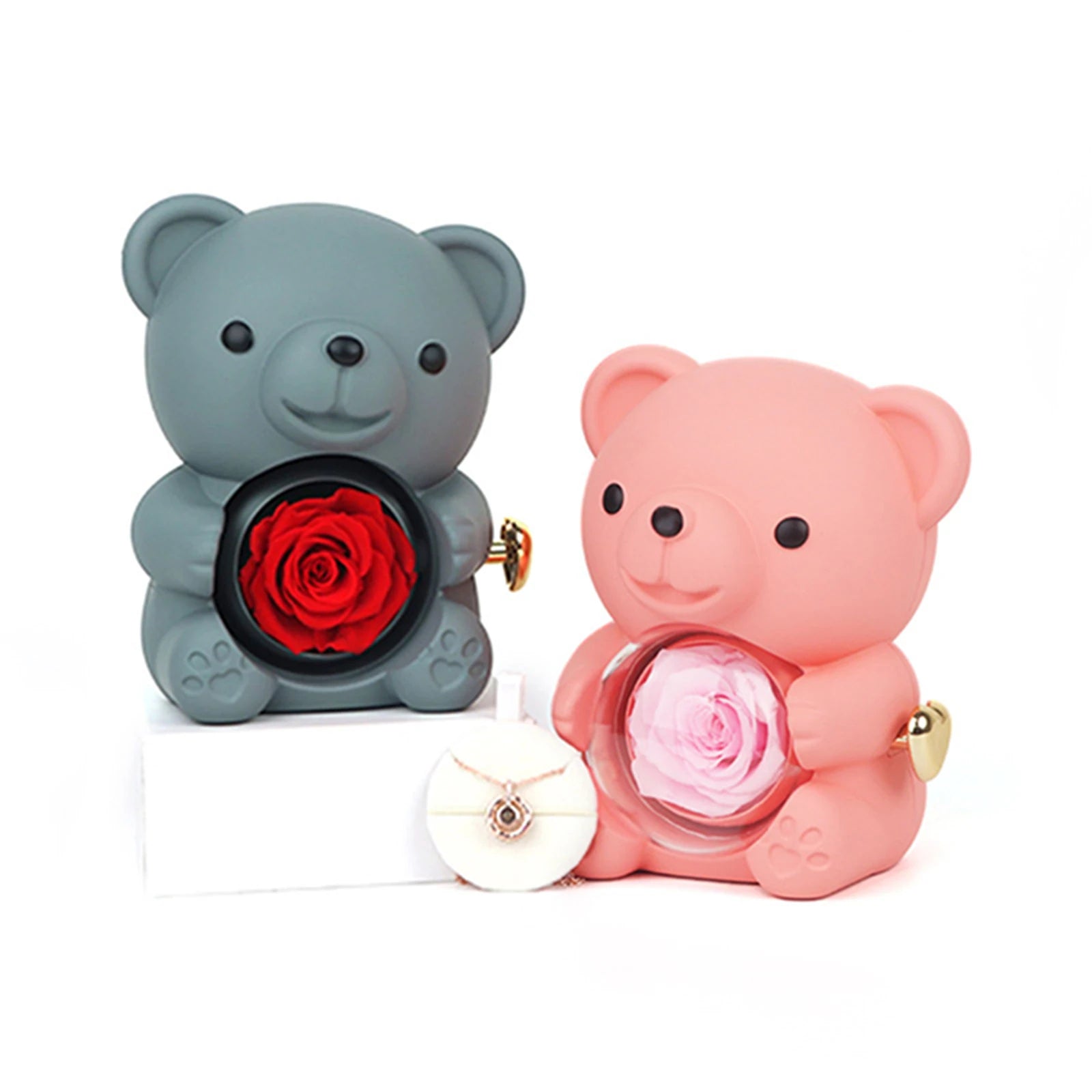 Boîte à Bijoux Ourson avec Fleur Éternelle – Écrin Cadeau Romantique pour Bague et Collier