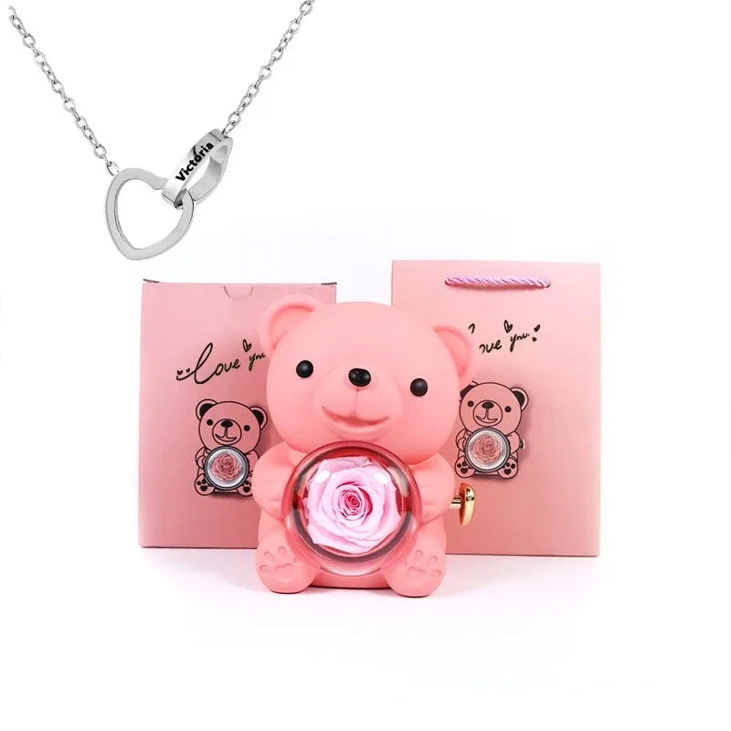 Eternal Rose Teddy Bear Jewelry Box with Custom Name Necklace Valentine Wedding Special Present for Girlfriend Anniversary Gift