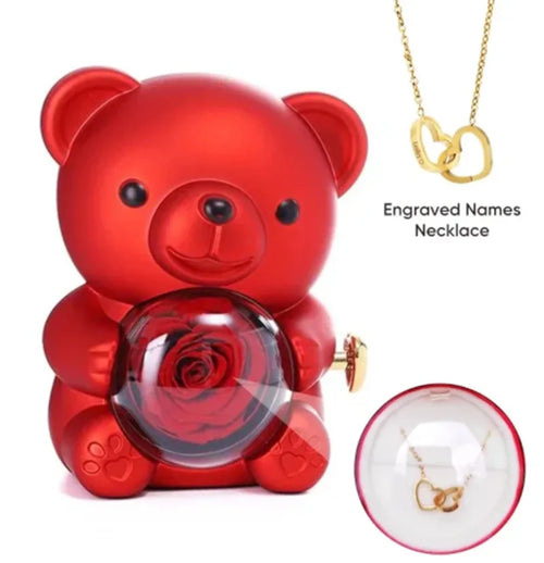Eternal Rose Teddy Bear Jewelry Box with Custom Name Necklace Valentine Wedding Special Present for Girlfriend Anniversary Gift