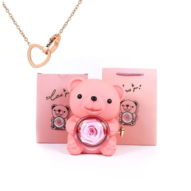 Eternal Rose Teddy Bear Jewelry Box with Custom Name Necklace Valentine Wedding Special Present for Girlfriend Anniversary Gift