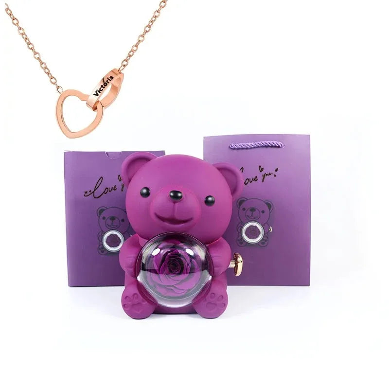 Eternal Rose Teddy Bear Jewelry Box with Custom Name Necklace Valentine Wedding Special Present for Girlfriend Anniversary Gift
