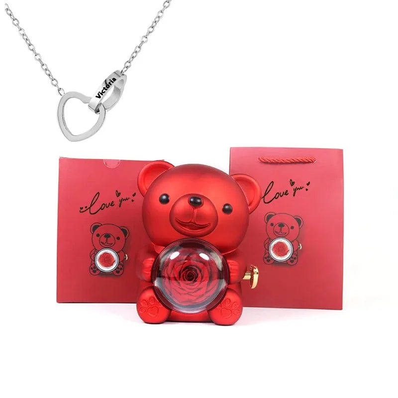 Eternal Rose Teddy Bear Jewelry Box with Custom Name Necklace Valentine Wedding Special Present for Girlfriend Anniversary Gift
