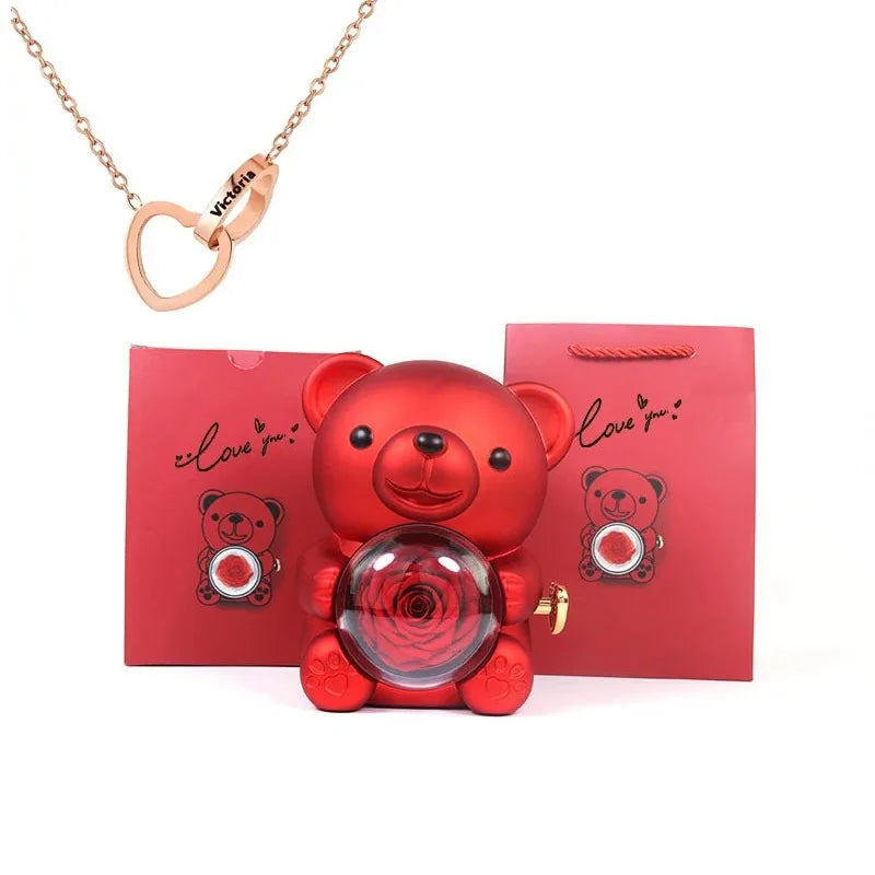 Eternal Rose Teddy Bear Jewelry Box with Custom Name Necklace Valentine Wedding Special Present for Girlfriend Anniversary Gift