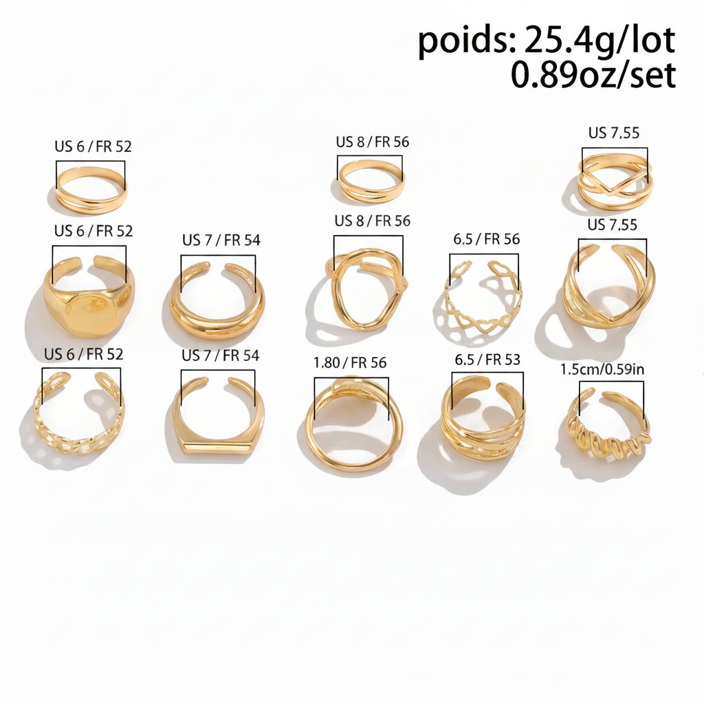 set de 10 bagues dorées