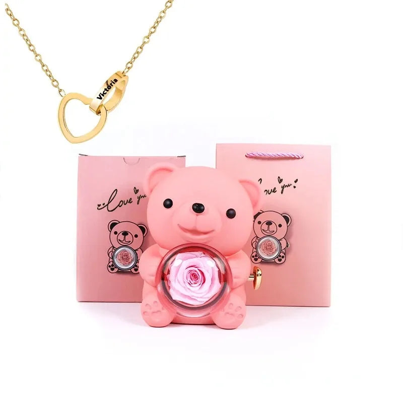 Eternal Rose Teddy Bear Jewelry Box with Custom Name Necklace Valentine Wedding Special Present for Girlfriend Anniversary Gift
