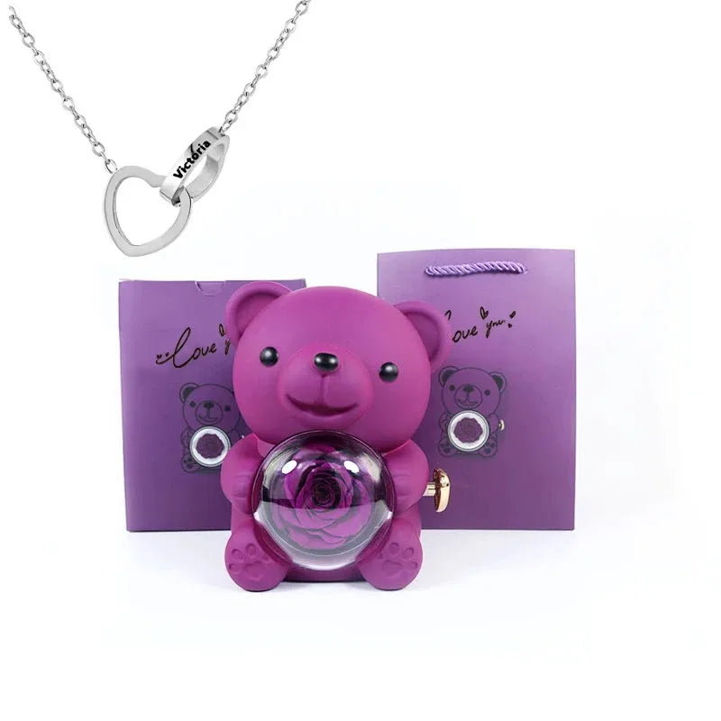Eternal Rose Teddy Bear Jewelry Box with Custom Name Necklace Valentine Wedding Special Present for Girlfriend Anniversary Gift