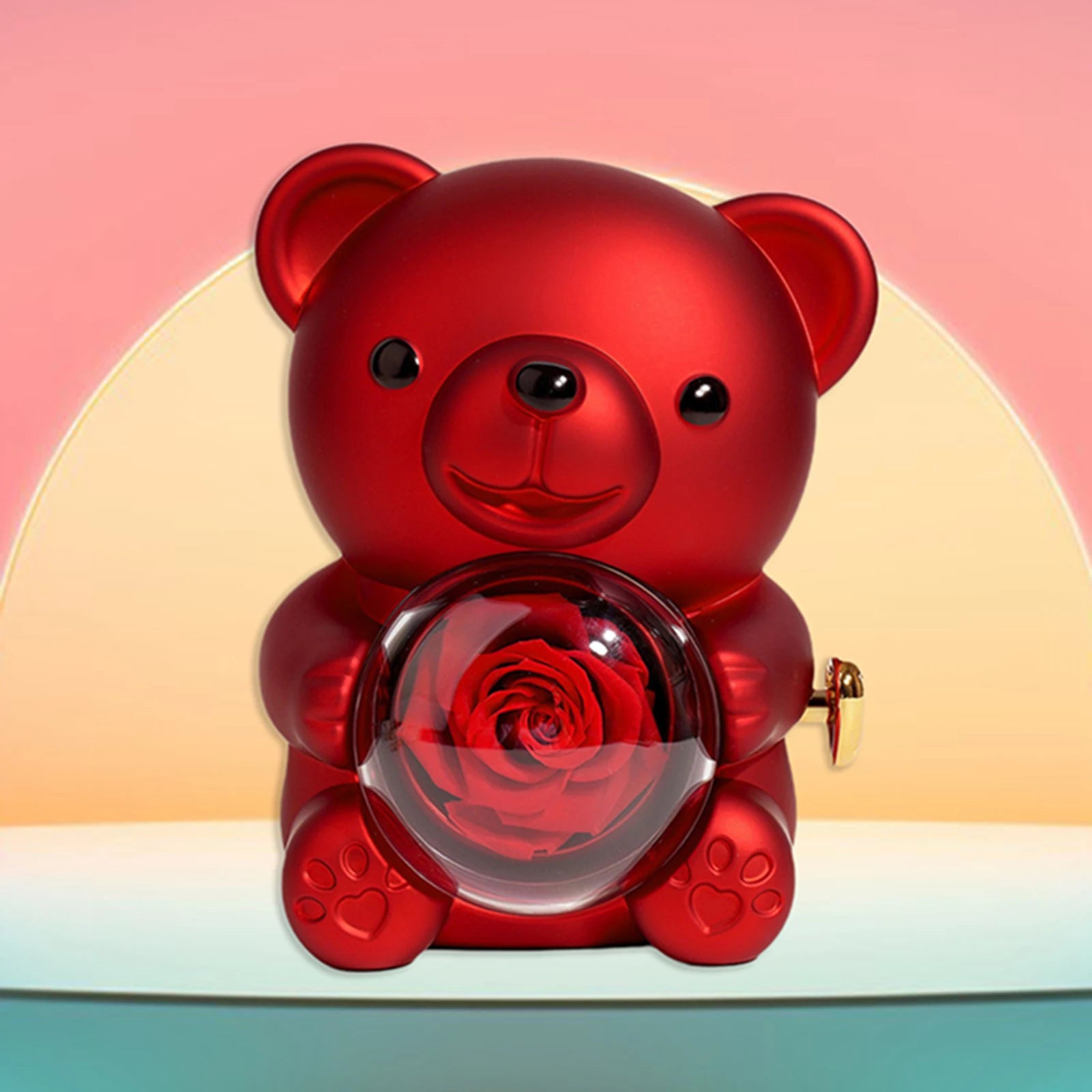 Boîte à Bijoux Ourson avec Fleur Éternelle – Écrin Cadeau Romantique pour Bague et Collier