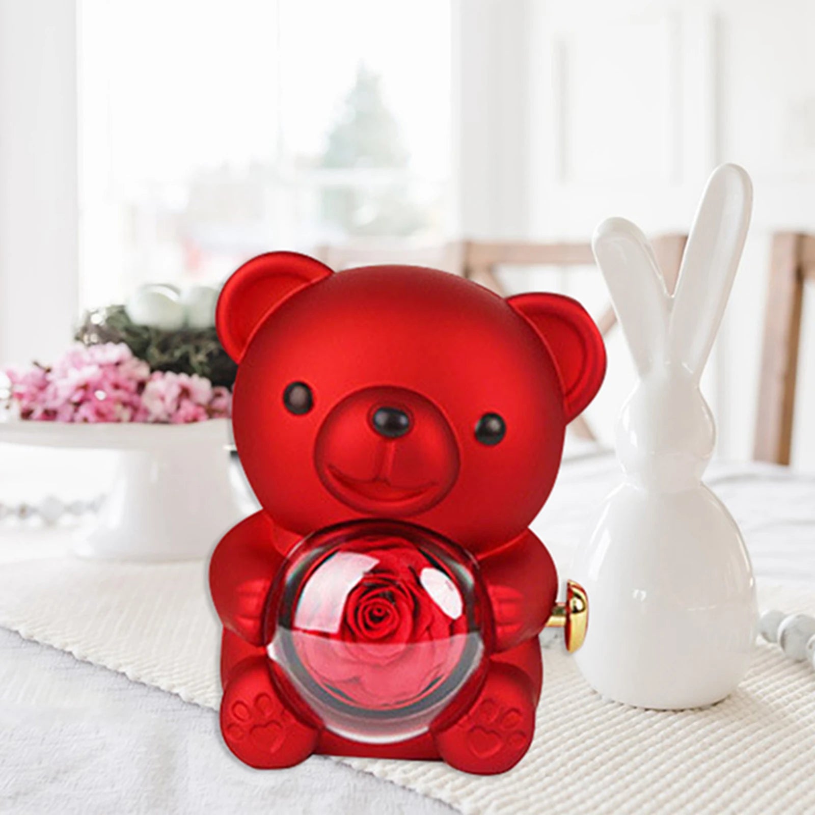 Boîte à Bijoux Ourson avec Fleur Éternelle – Écrin Cadeau Romantique pour Bague et Collier