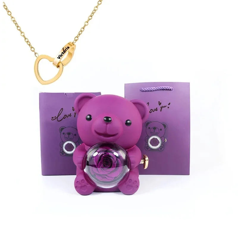 Eternal Rose Teddy Bear Jewelry Box with Custom Name Necklace Valentine Wedding Special Present for Girlfriend Anniversary Gift