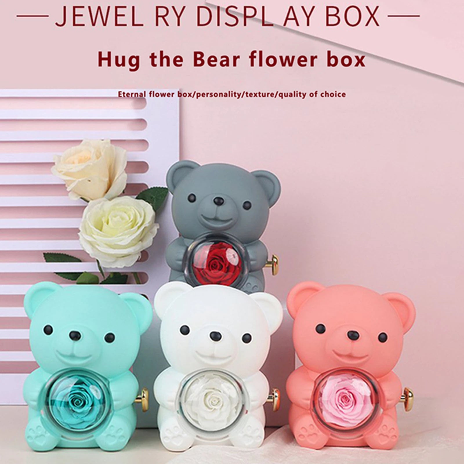 Boîte à Bijoux Ourson avec Fleur Éternelle – Écrin Cadeau Romantique pour Bague et Collier
